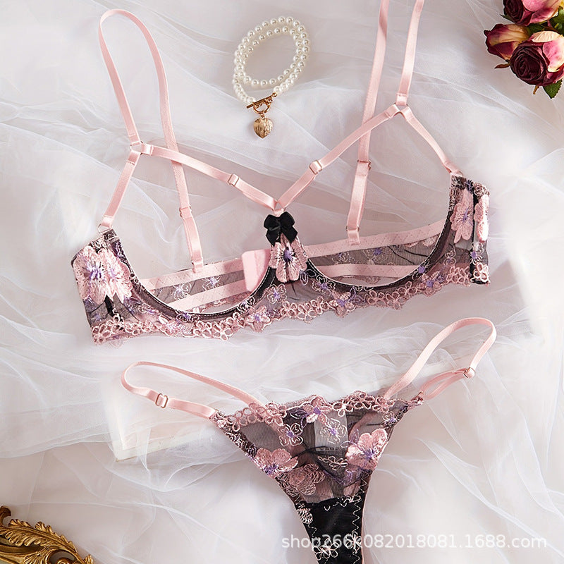 Image of Cross-border ins new lace embroidery erotic lingerie set hollow sexy French high-quality hot girl bra
